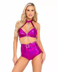 Roma Hot Pink Holo Foil Belted Shorts -Rave Wonderland Shop 6115 6116 HP 2
