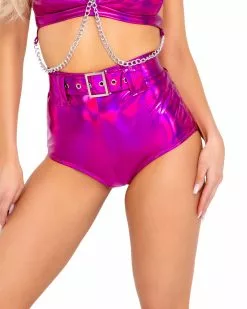 Roma Hot Pink Holo Foil Belted Shorts -Rave Wonderland Shop 6115 6116 HP 3