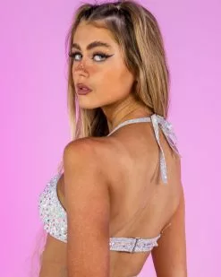 Roma Diamond Rodeo Sequin Fishnet Lace-up Top -Rave Wonderland Shop 6231 WHT 2