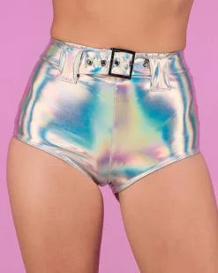 Roma Silver Holo Foil Belted Shorts