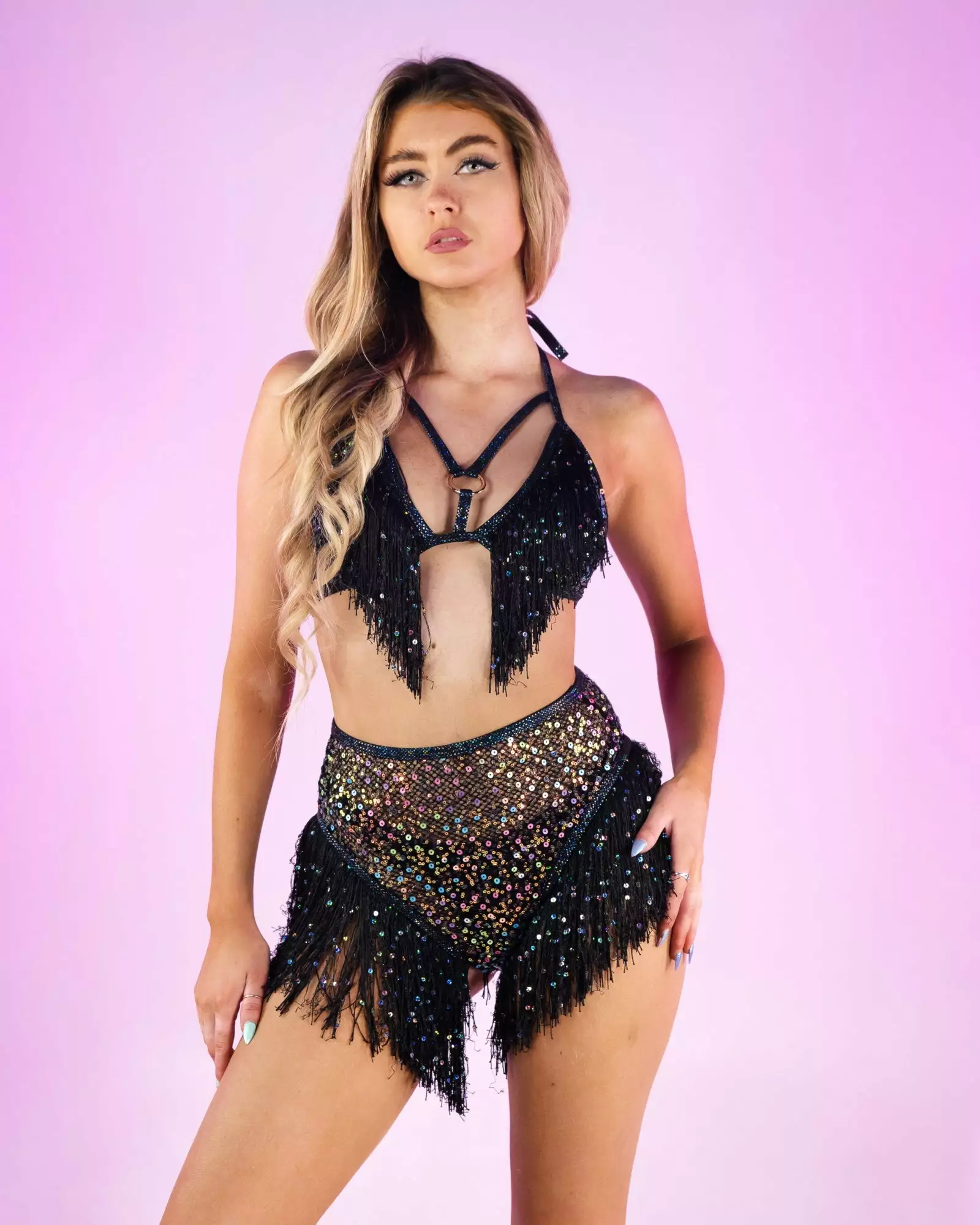 Roma Diamond Rodeo Sequin Fishnet Triangle Tie With Fringe Detail 11 Roma Diamond Rodeo Sequin Fishnet Triangle Tie With Fringe Detail - Image 9