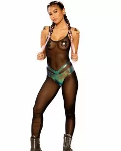 Black Mesh Criss-Cross Straps Full Body Catsuit
