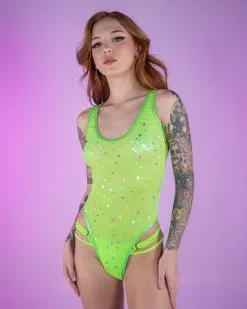 Roma Lime Disco Sheer Dotted Bodysuit Romper -Rave Wonderland Shop LizzieRoseMedia 1175