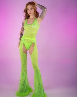 Roma Lime Disco Sheer Dotted Bodysuit Romper -Rave Wonderland Shop LizzieRoseMedia 1191