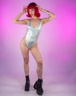 Go-Go Dreams Silver Rings Full-Body Lace-Up Bodysuit -Rave Wonderland Shop LizzieRoseMedia 2 8