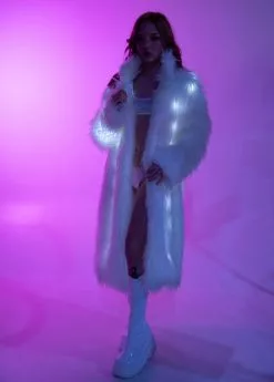 Light Up White Faux Fur Mid Length Coat