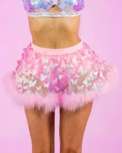 Roma Butterfly Oasis Multi Pink Sheer Skirt With Marabou Trim