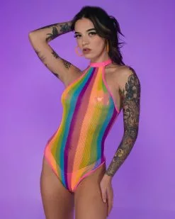 Rave Wonderland Shop 43 LEG AVENUE Rainbow Mesh Fishnet Rave Bodysuit