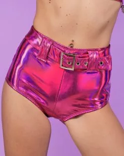 Roma Hot Pink Holo Foil Belted Shorts
