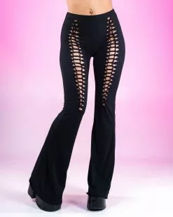 Black Suede Torn Front Lace Bell Bottom Pants