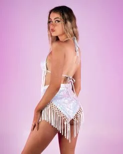 Crystal Mirage 2pc Sequin And Fringe Triangle Top High Waist Shorts Set -Rave Wonderland Shop S1589 WHT BACK.1