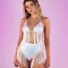 Crystal Mirage 2pc Sequin And Fringe Triangle Top High Waist Shorts Set -Rave Wonderland Shop S1589 WHT FRONT.2