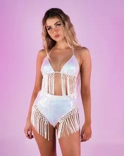 Crystal Mirage 2pc Sequin And Fringe Triangle Top High Waist Shorts Set